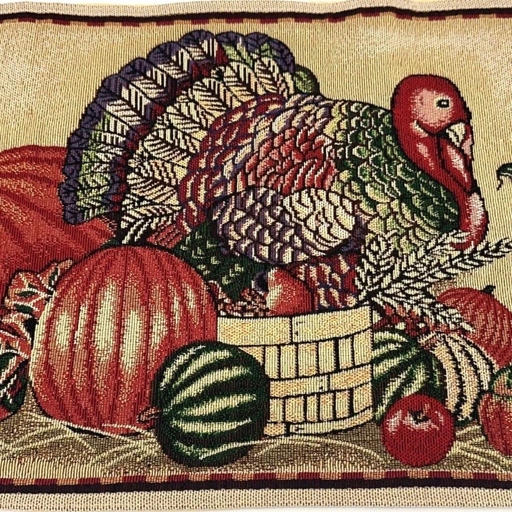 Thanksgiving Tapestry Table Runner 72 x 13 Turkey Pumpkin Fall Harvest Decor
